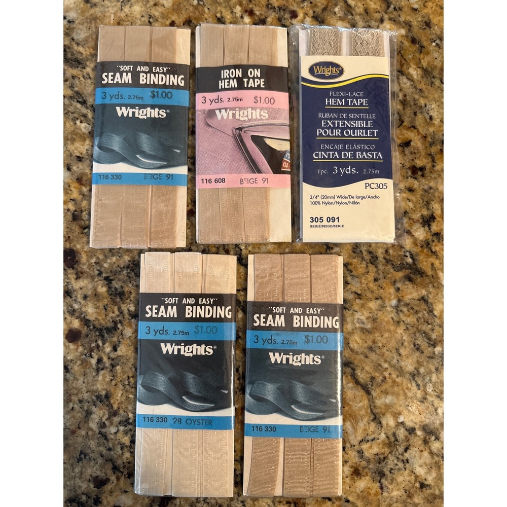 Wrights Hem Tape Seam Binding‎ Bundle 5pk Beige Oyster Iron On Flexi-Lace 15yds